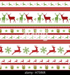 Christmas seamless pattern with holiday decoration: deer silhouettes, gift box and snowflakes. EPS10 vector. Stock Vector