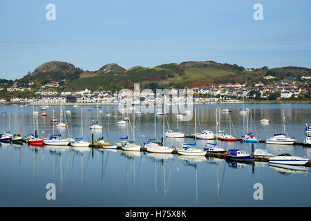 View from the Conwy yacht marina across the Conwy estuary towards Deganwy. Stock Photo