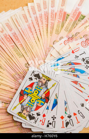 Playing cards Russian money in denominations of five thousand rubles Stock Photo