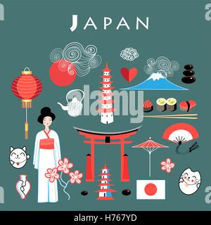 Japanese set of different elements on a dark background Stock Vector