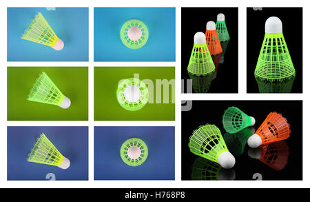 Set of multicolored shuttlecocks on colored backgrounds Stock Photo