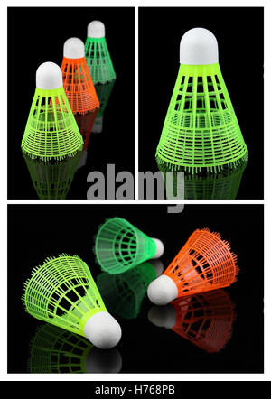 Set of multicolored shuttlecocks on colored backgrounds Stock Photo