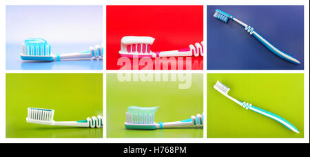 Set of multicolored toothbrushes on colored backgrounds Stock Photo