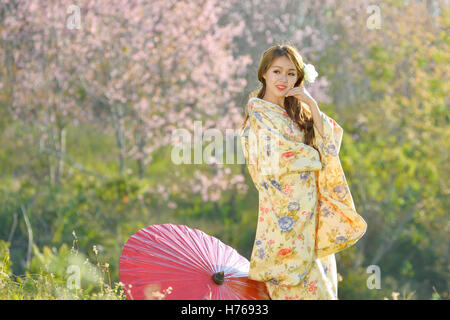 Asian woman wearing traditional japanese kimono Stock Photo