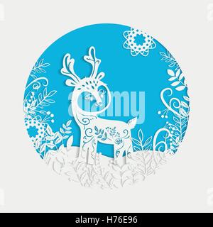 Hand drawn Christmas magic horned deer. Sketch laser cutting Winter forest background with high level of detail. Modern white de Stock Vector