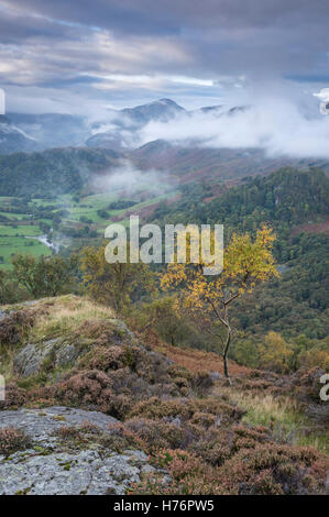 Cloud and mist over fells from King's How in autumn, English Lake District national park, Cumbria, England, UK Stock Photo