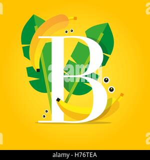 Colorful flat vector illustration of initial alphabet letter B with bananas, banana leaves and gradient background Stock Vector