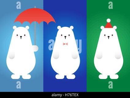Set of vector polar bear / ice bear with umbrella, bow tie and Santa Claus hat and gradient background Stock Vector