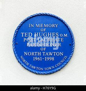 Blue plaque outside former home of Poet Laureate Ted Hughes in North Tawton, Devon UK Stock Photo