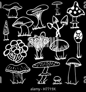 Set of white silhouettes of cute cartoon mushrooms isolated on black background. Stock Vector