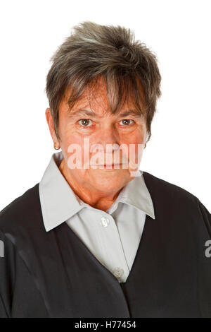 Female lawyer wearing a black robe isolated on white background Stock Photo