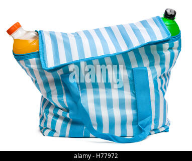 Closed standing blue striped cooler bag with full of cool refreshing drinks Stock Photo