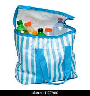 Open standing blue striped cooler bag with full of cool refreshing drinks Stock Photo