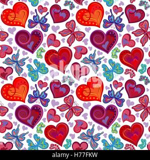 Seamless valentine pattern with colorful vintage red and blue butterflies, flowers, hearts. Vector illustration Stock Vector