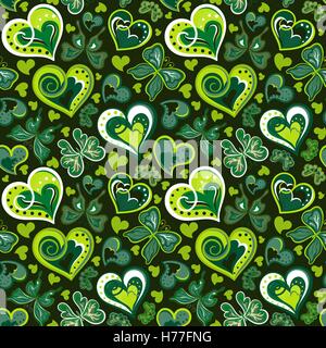 Seamless valentine pattern with colorful vintage green butterflies, flowers and hearts on black background. Vector illustration Stock Vector