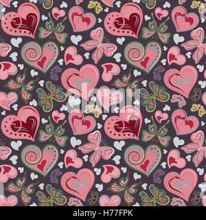 Seamless valentine pattern with colorful vintage pink and brown butterflies, flowers, hearts on black background. Vector. Stock Vector