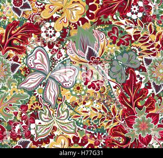 Seamless pattern with colorful vintage butterflies, flowers and hearts. Vector illustration. Stock Vector