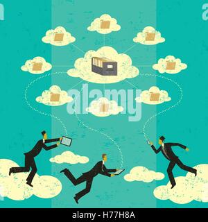 Cloud computing Businessmen connecting to cloud storage via their mobile devices. The men and storage clouds are on a separate l Stock Vector