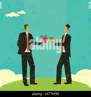Comparing Apples and Oranges Two businessmen comparing an apple and an orange. The two men are on a separate labeled layer from  Stock Vector
