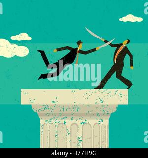 Corporate Battle Two retro businessmen fighting, with swords, in a effort to stand atop the pedestal as the lone leader. The men Stock Vector