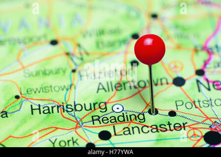 Reading pinned on a map of Pennsylvania, USA Stock Photo