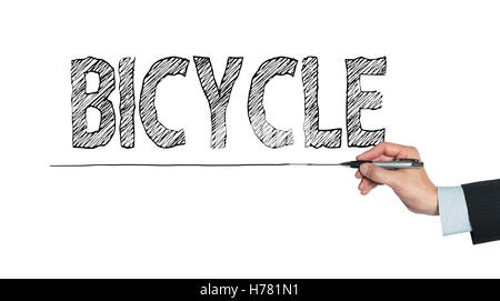 bicycle written by hand, hand writing on transparent board, photo Stock Photo