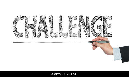 challenge written by hand, hand writing on transparent board, photo Stock Photo
