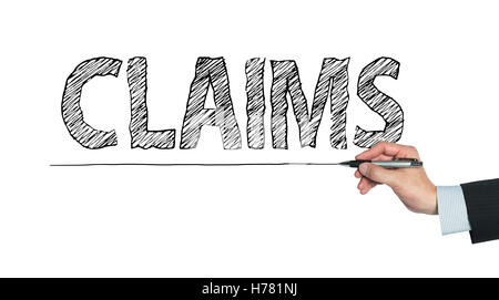 claims written by hand, hand writing on transparent board, photo Stock Photo