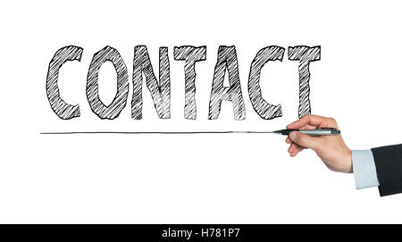 contact written by hand, hand writing on transparent board, photo Stock Photo