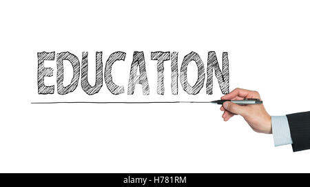 education written by hand, hand writing on transparent board, photo Stock Photo