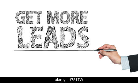 get more leads written by hand, hand writing on transparent board, photo Stock Photo