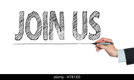 join us written by hand, hand writing on transparent board, photo Stock Photo