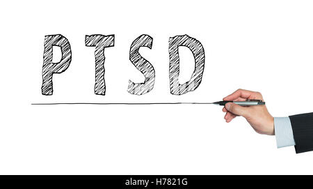 PTSD written by hand, hand writing on transparent board, photo Stock Photo