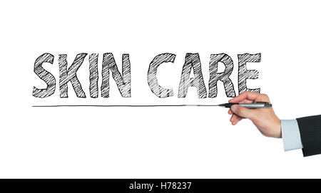 skin care written by hand, hand writing on transparent board, photo Stock Photo