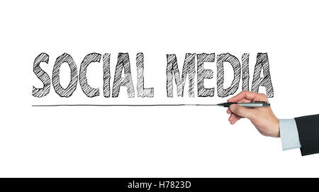 social media written by hand, hand writing on transparent board, photo Stock Photo