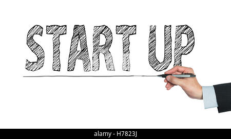 start up written by hand, hand writing on transparent board, photo Stock Photo