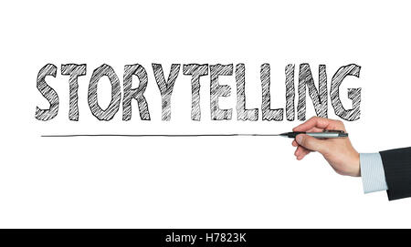 storytelling written by hand, hand writing on transparent board, photo Stock Photo
