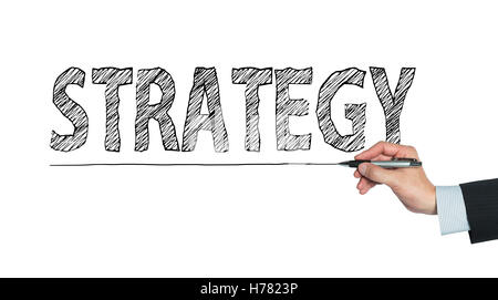 strategy written by hand, hand writing on transparent board, photo Stock Photo