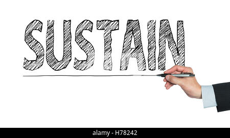 sustain written by hand, hand writing on transparent board, photo Stock Photo
