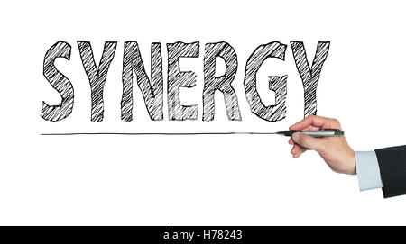 synergy written by hand, hand writing on transparent board, photo Stock Photo