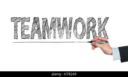 teamwork written by hand, hand writing on transparent board, photo Stock Photo