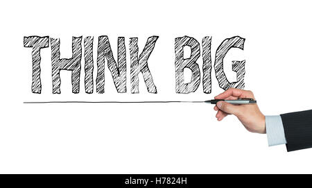 think big written by hand, hand writing on transparent board, photo Stock Photo