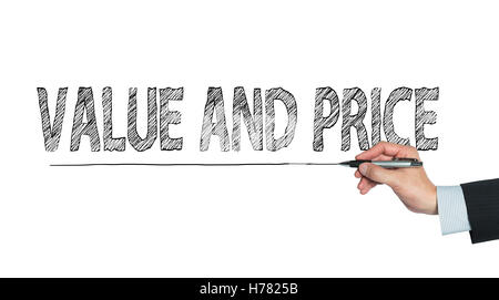 value and price written by hand, hand writing on transparent board, photo Stock Photo