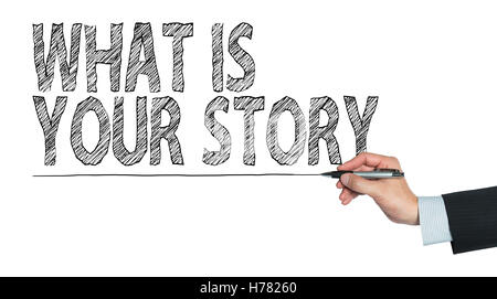 what is your story written by hand, hand writing on transparent board, photo Stock Photo