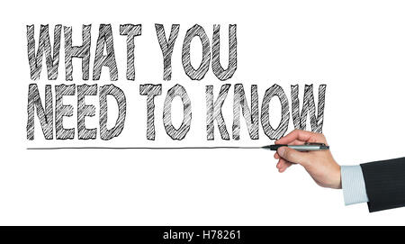 what you need to know written by hand, hand writing on transparent board, photo Stock Photo