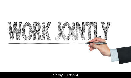 work jointly written by hand, hand writing on transparent board, photo Stock Photo