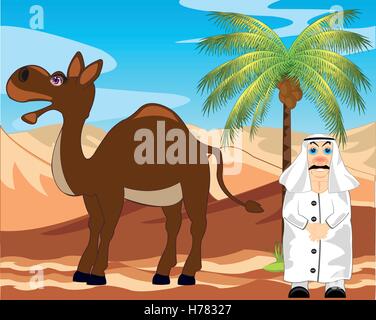 Landscape to hot desert and men of the arab with camel Stock Vector
