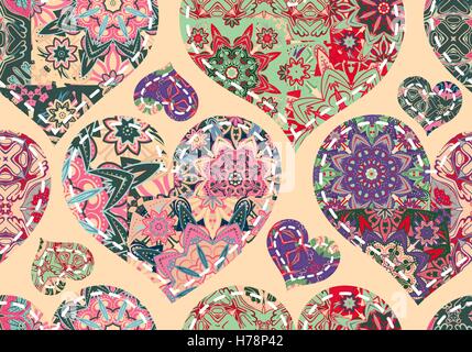 Patchwork hearts. Seamless pattern. Scrapbooking series. Vector background. Stock Vector