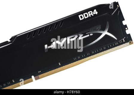 GALATI, ROMANIA - November 02, 2016: Black DDR4 DIMM HyperX module testing, isolated on white Stock Photo