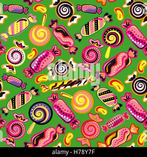 Seamless background with various candies. Vector illustration. Bright background with candies. Stock Vector